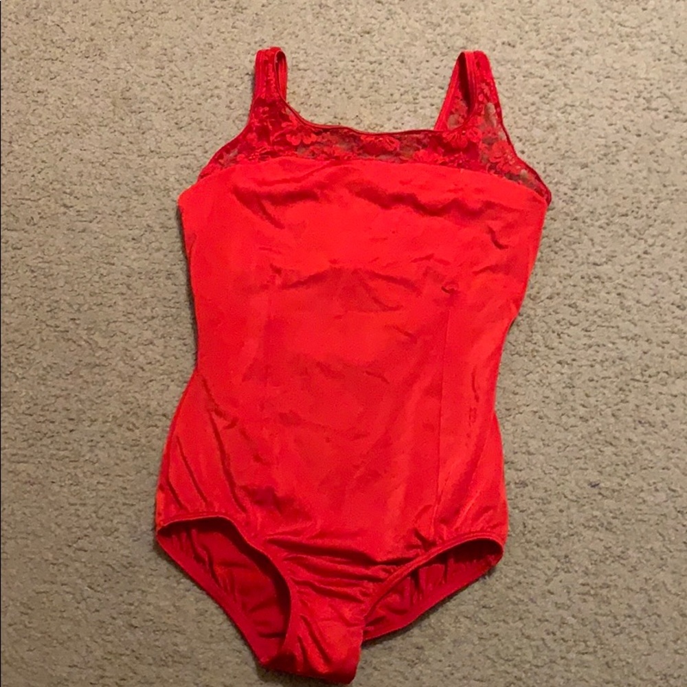 Red Lace Spandex Dance Leotard